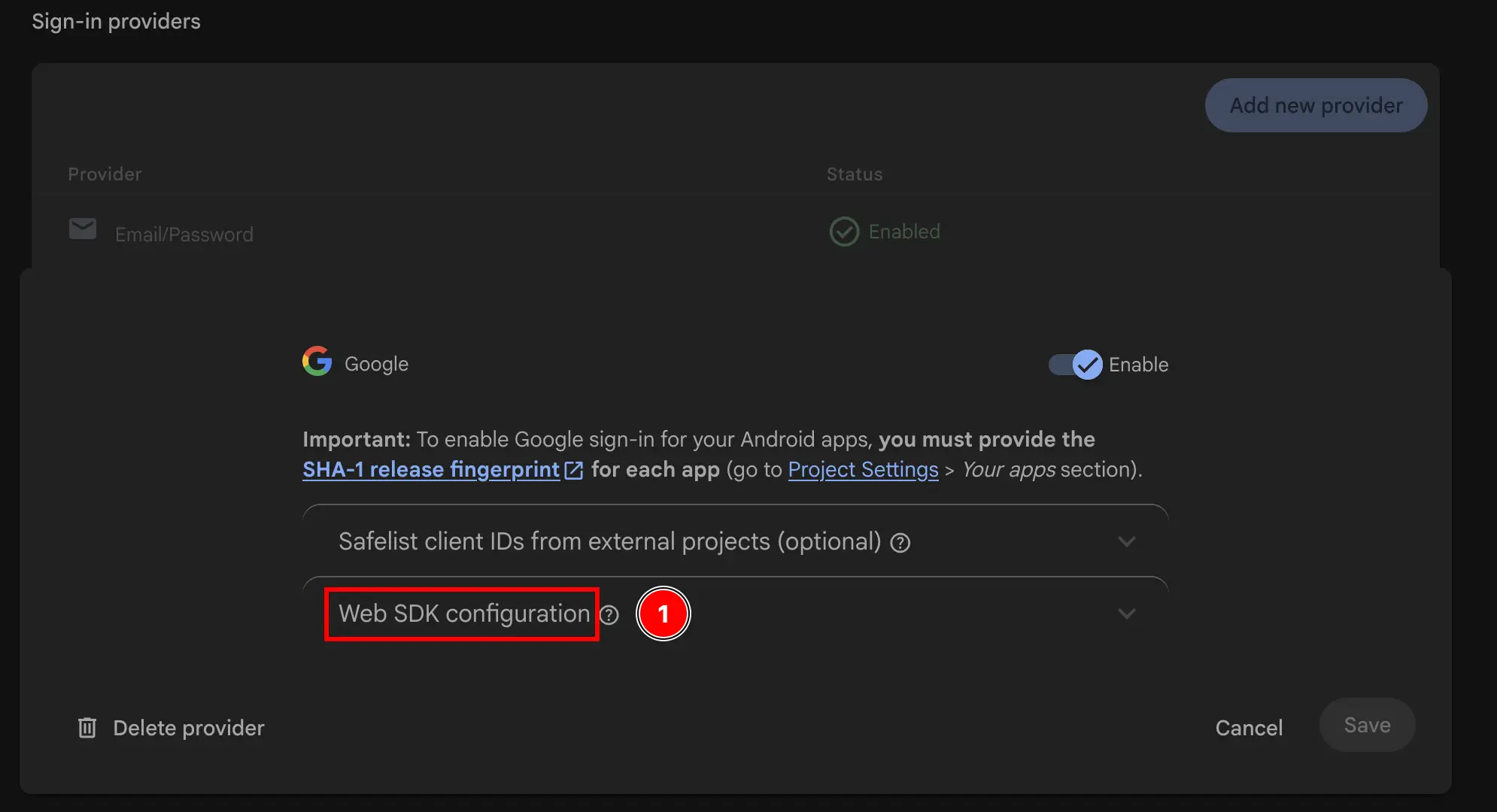 Firebase Authentication Sign-in Method Web SDK Configuration Button