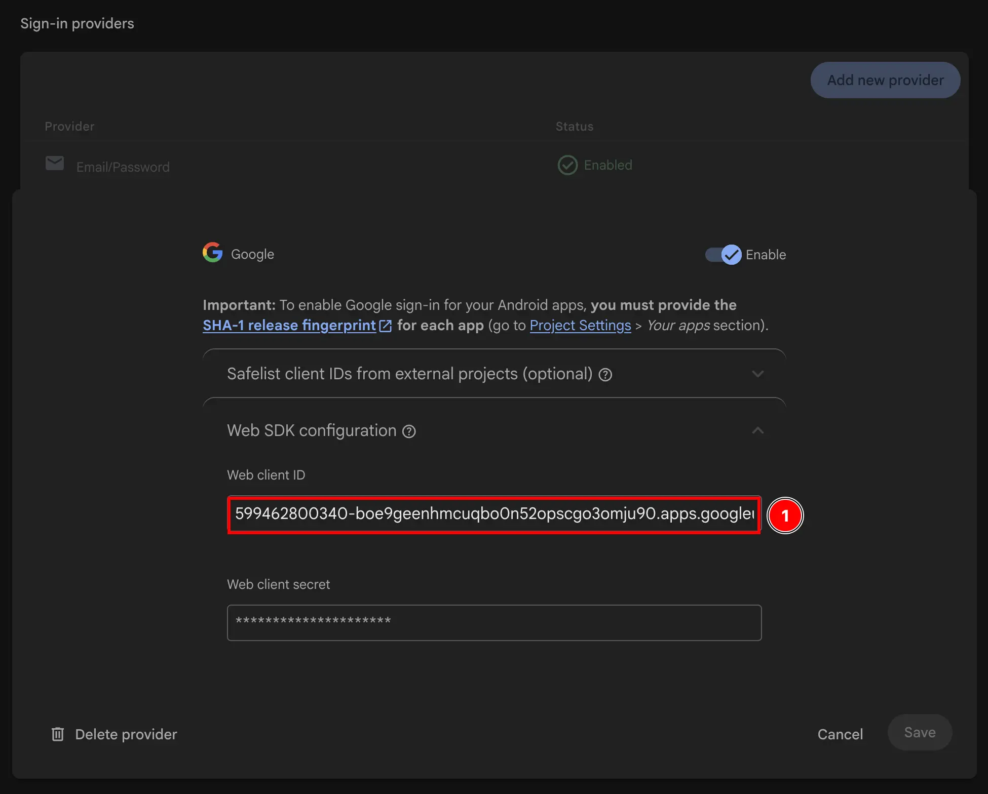 Firebase Authentication Sign-in Method Web SDK Configuration Web Client ID