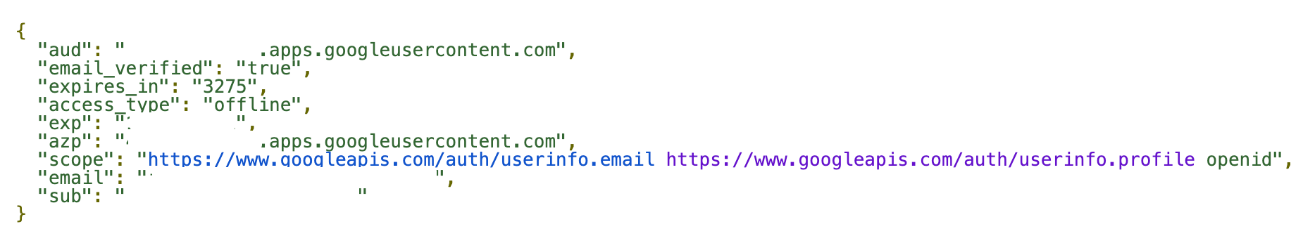 Google OAuth Playground showing token information response with user details