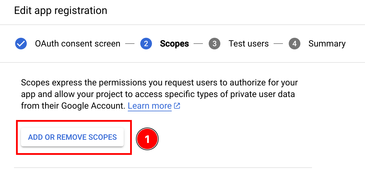 Add or remove scopes button in scopes configuration screen