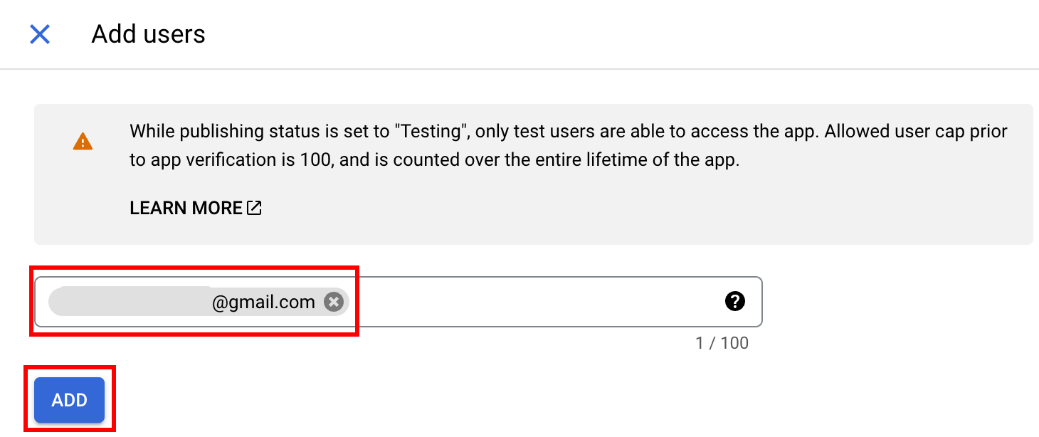 Email input field and Add button for test users
