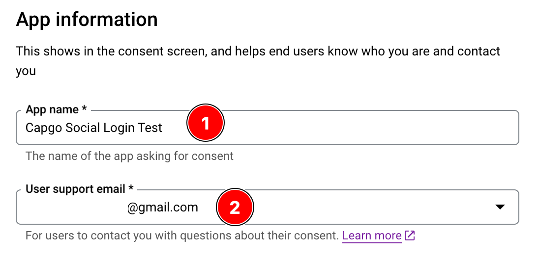 App Information section showing App name and User support email fields