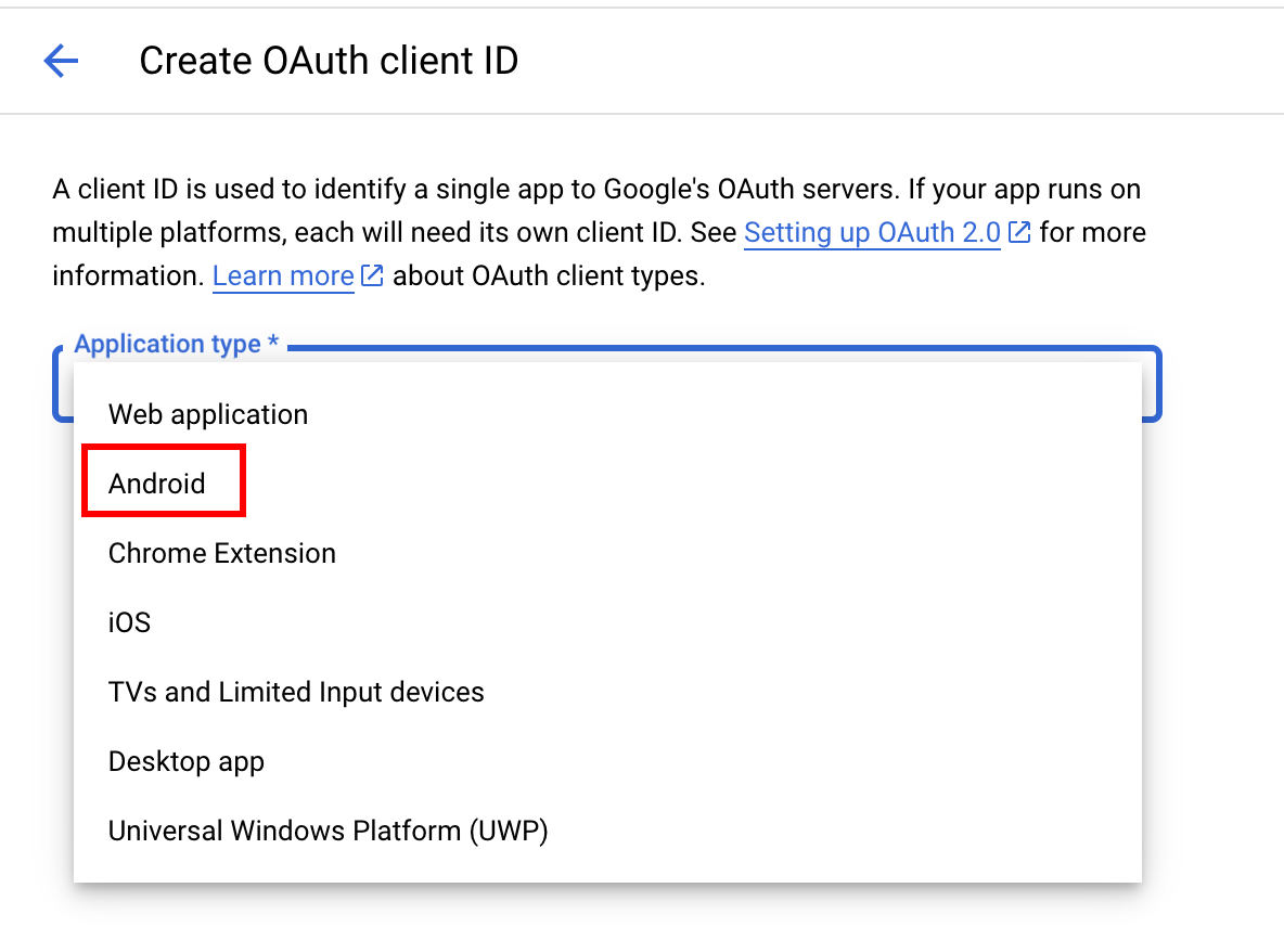 Application type selection with Android option highlighted