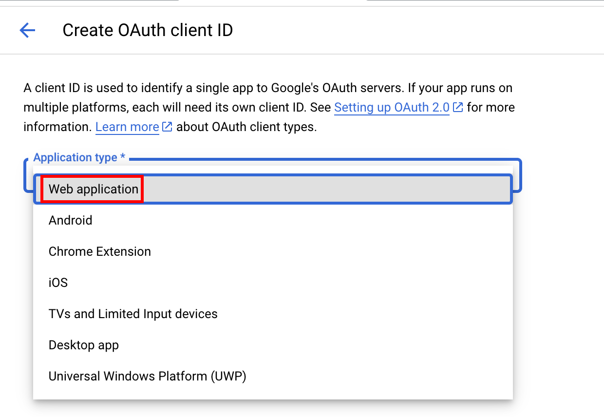 Application type selection with Web option highlighted