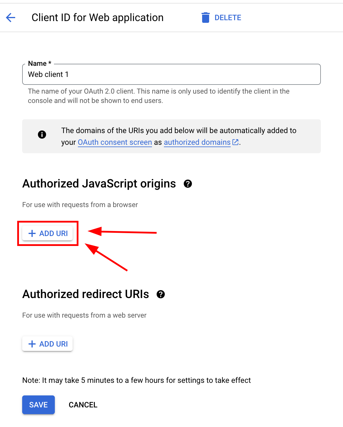 Authorized JavaScript origins section with ADD URI button