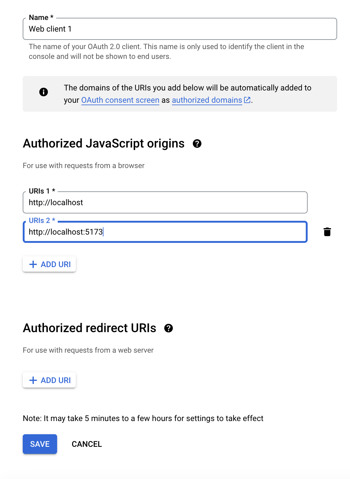 Authorized JavaScript origins with multiple localhost URLs added