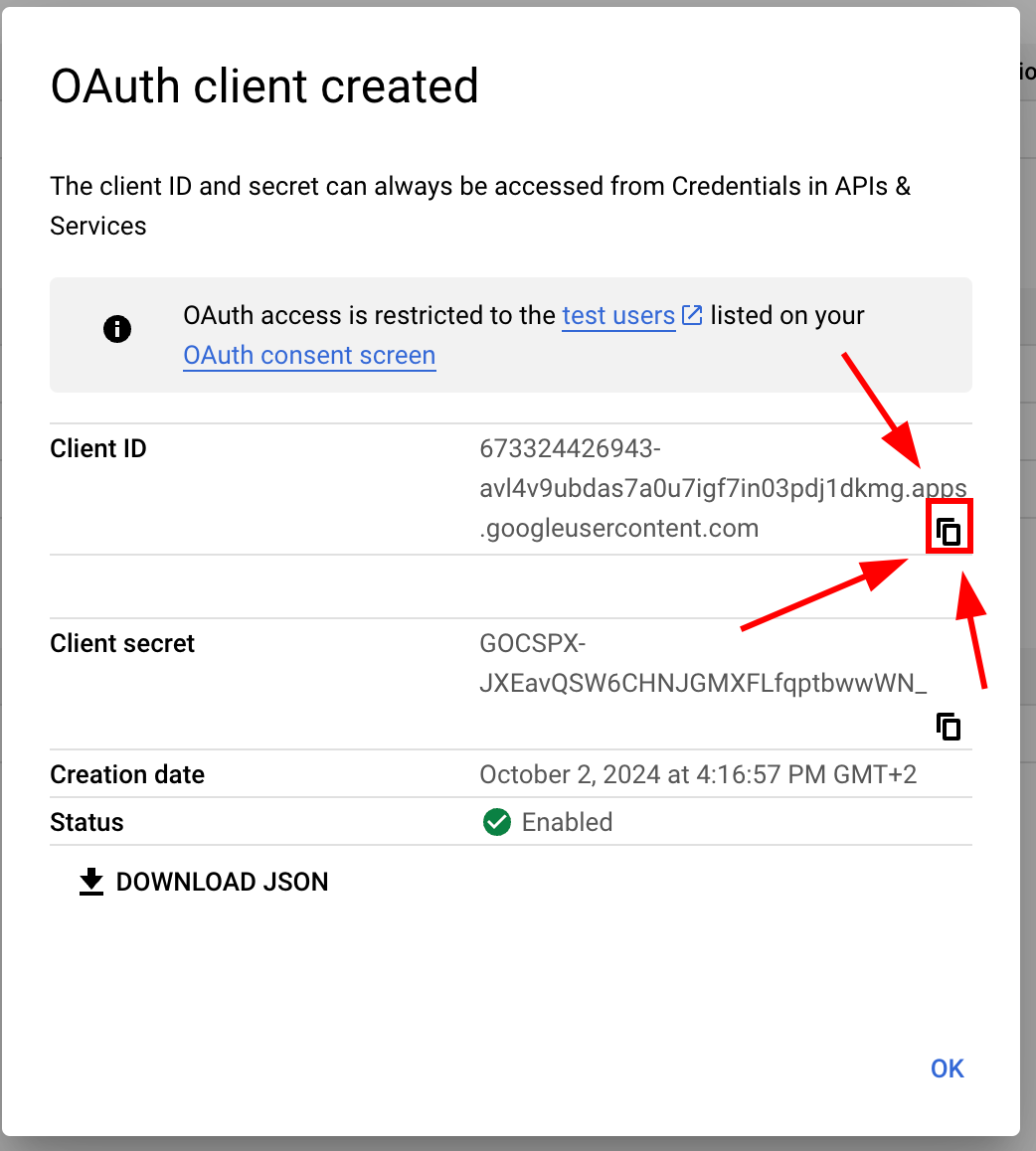 Client ID details showing Web client ID to copy