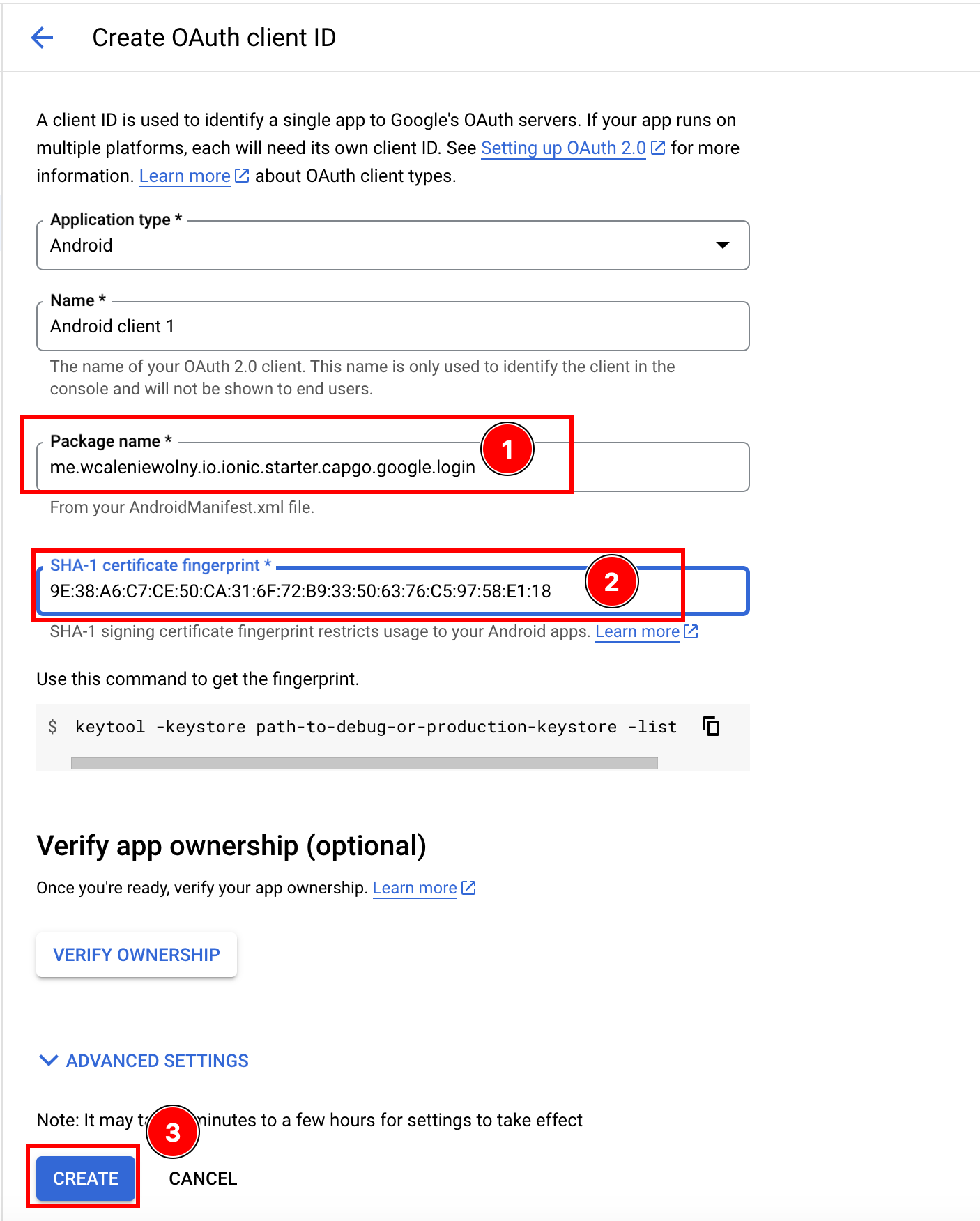 Android client creation form with package name and SHA1 fields filled in