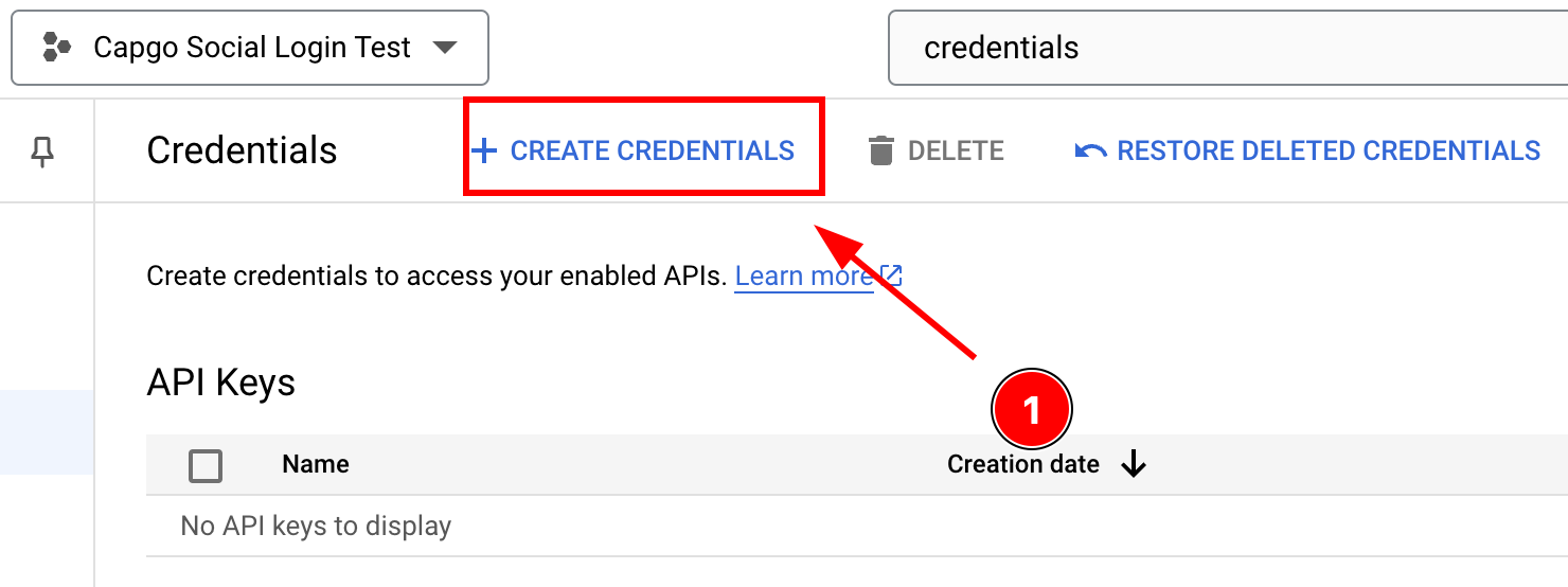 Create credentials button in Google Console