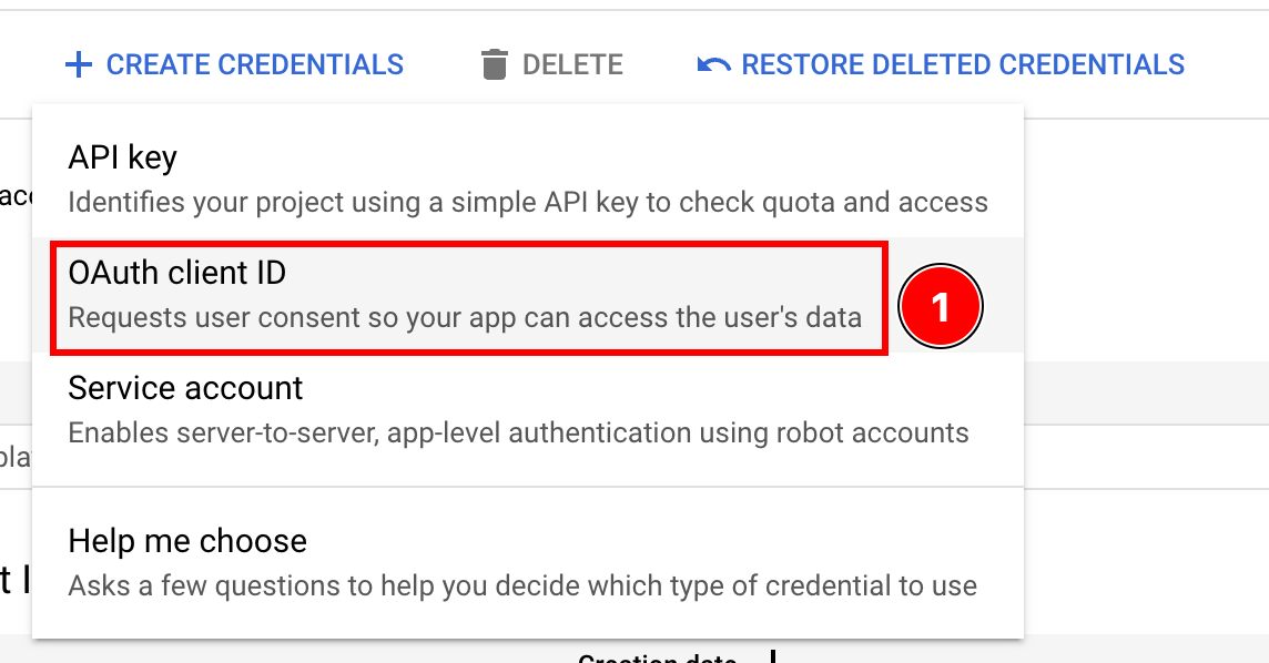 OAuth client ID option in credentials creation menu