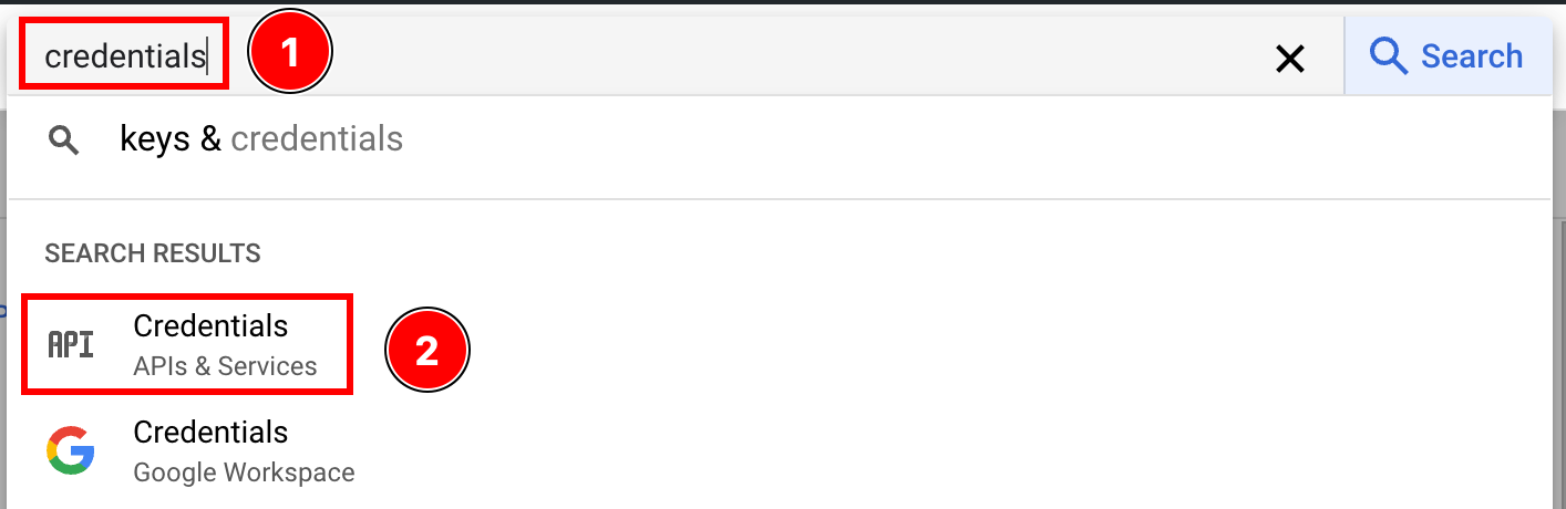 Search results showing credentials option with APIs and Services highlighted