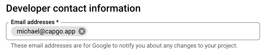 Developer contact information section with email field