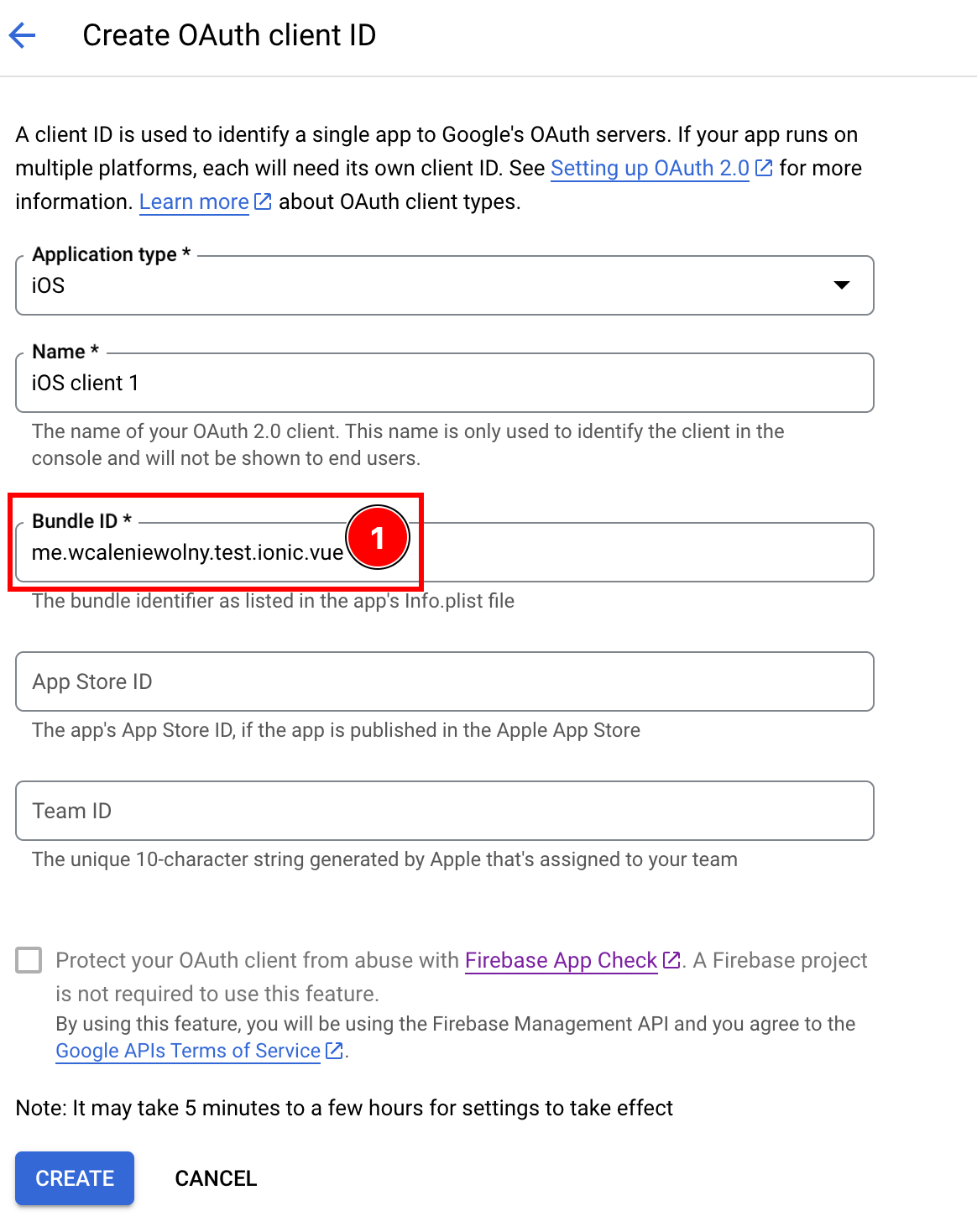 Bundle ID field in Google Console iOS client creation form