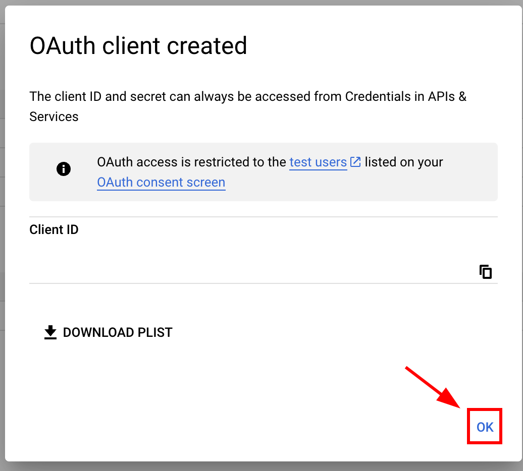 OK button on client ID created confirmation dialog