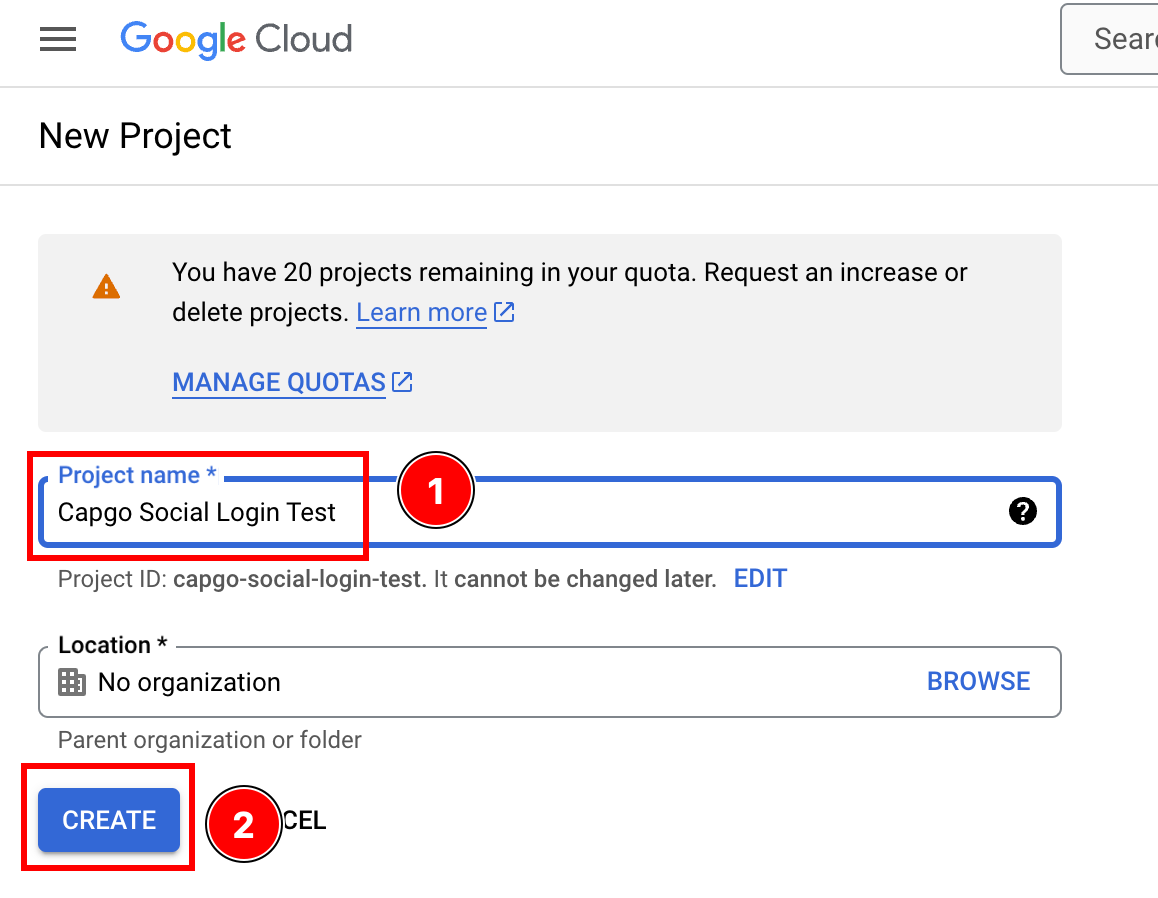 Project naming screen showing name field and Create button