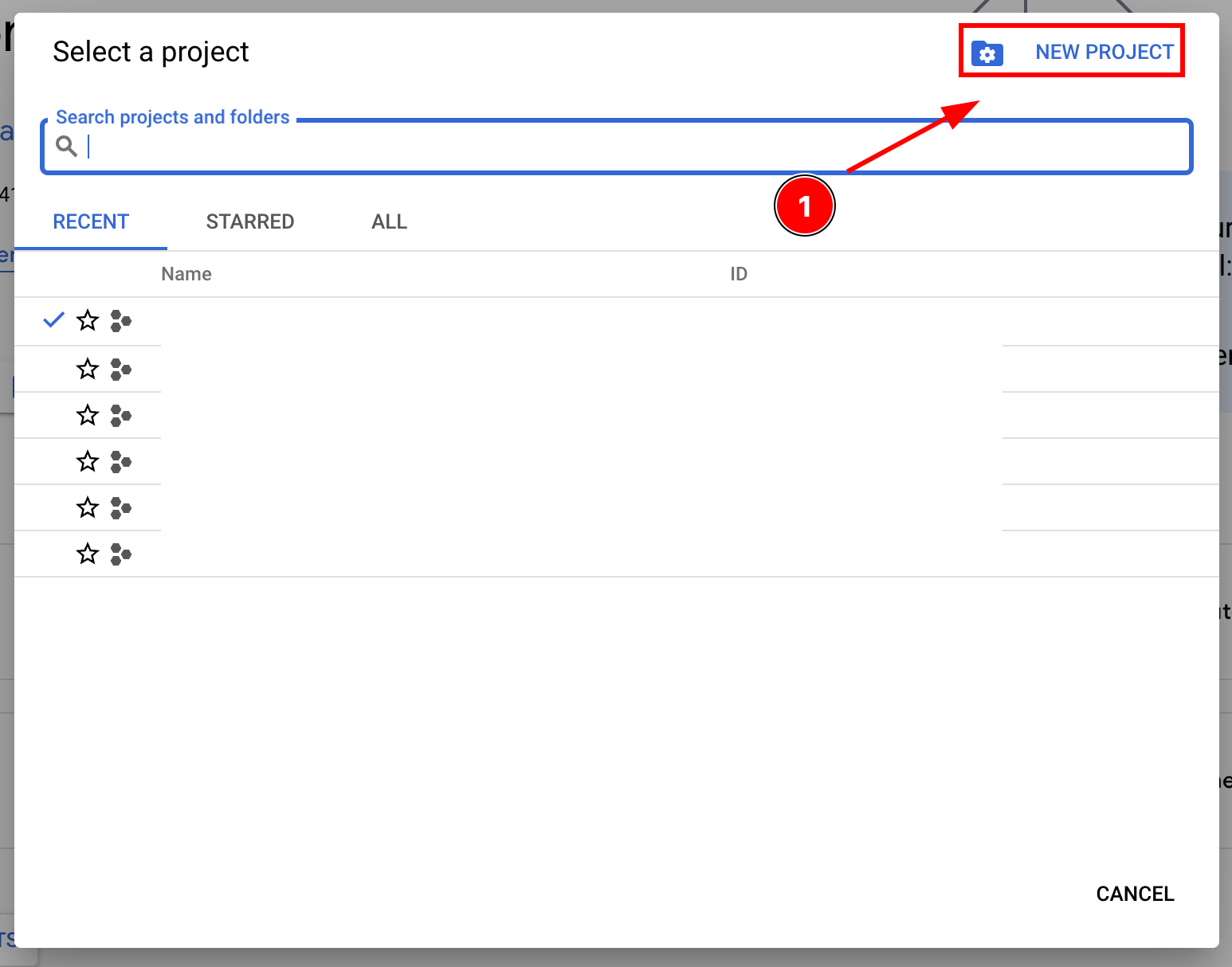New Project button in Google Console