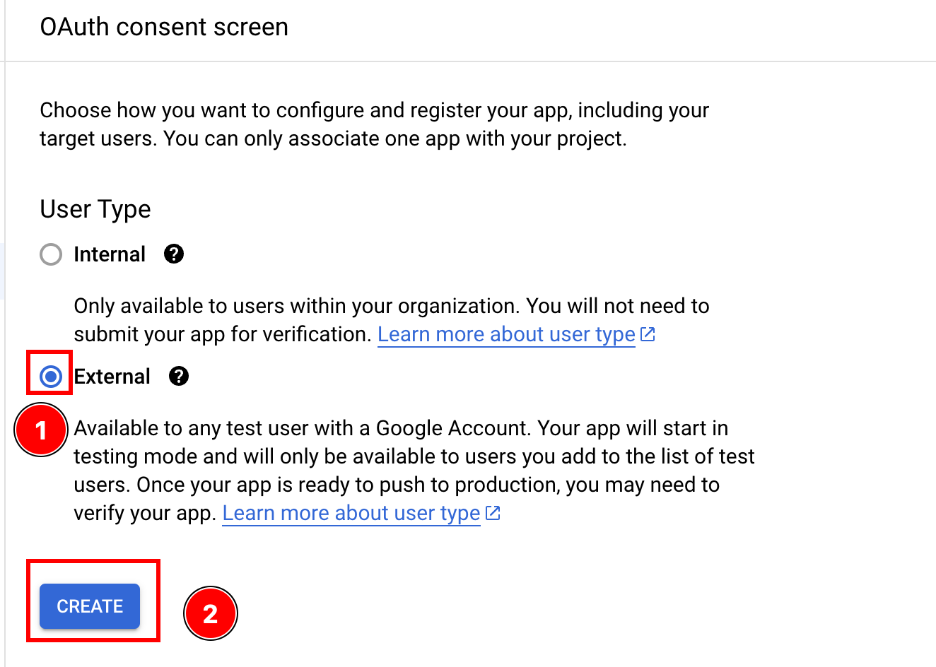 OAuth consent screen user type selection with External and Internal options