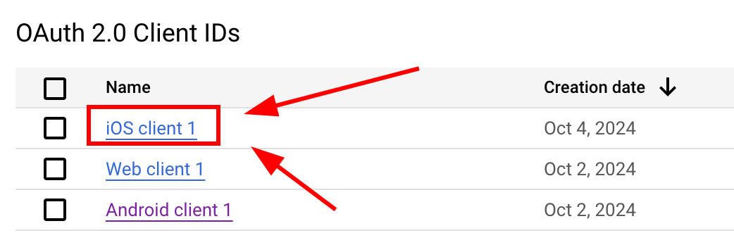 Newly created iOS client in credentials list