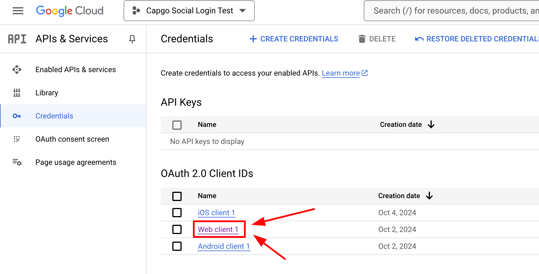 Credentials list showing web client to click