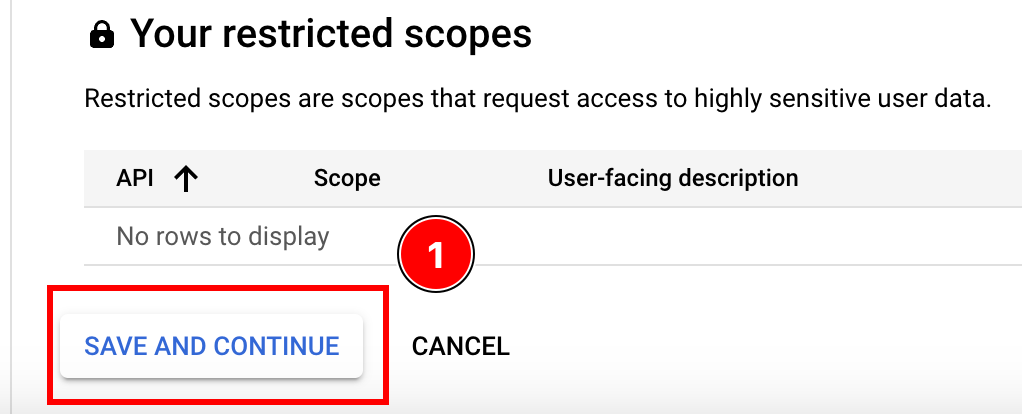 Save and Continue button in scopes screen
