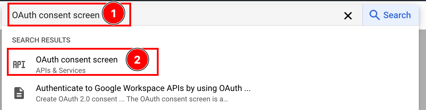 Search results showing OAuth consent screen option