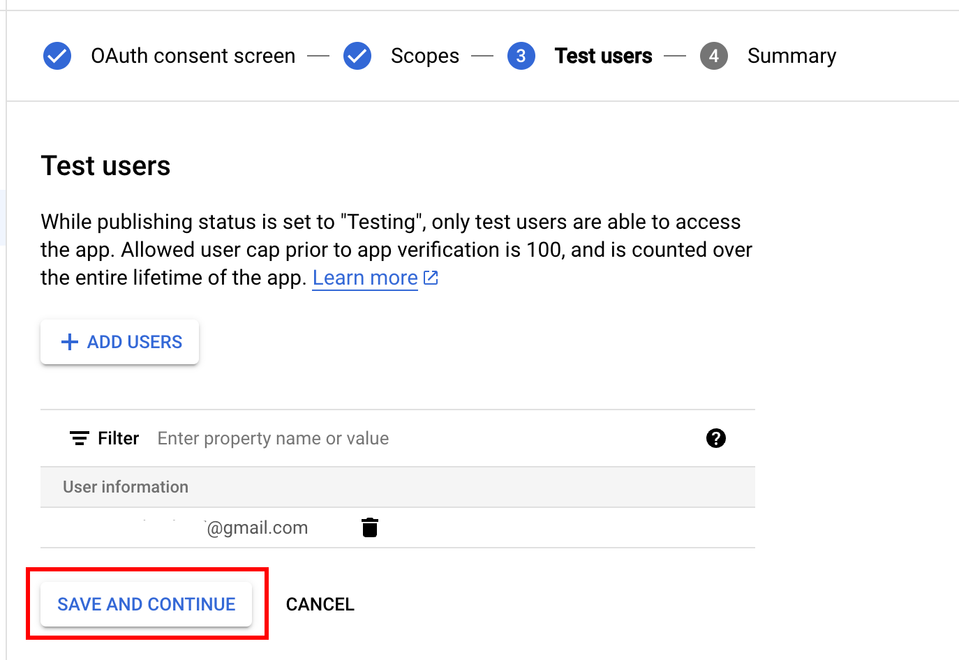 Save and Continue button in test users screen