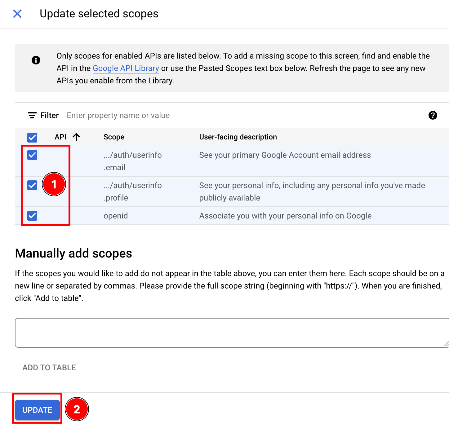 Scope selection dialog with email and profile scopes selected