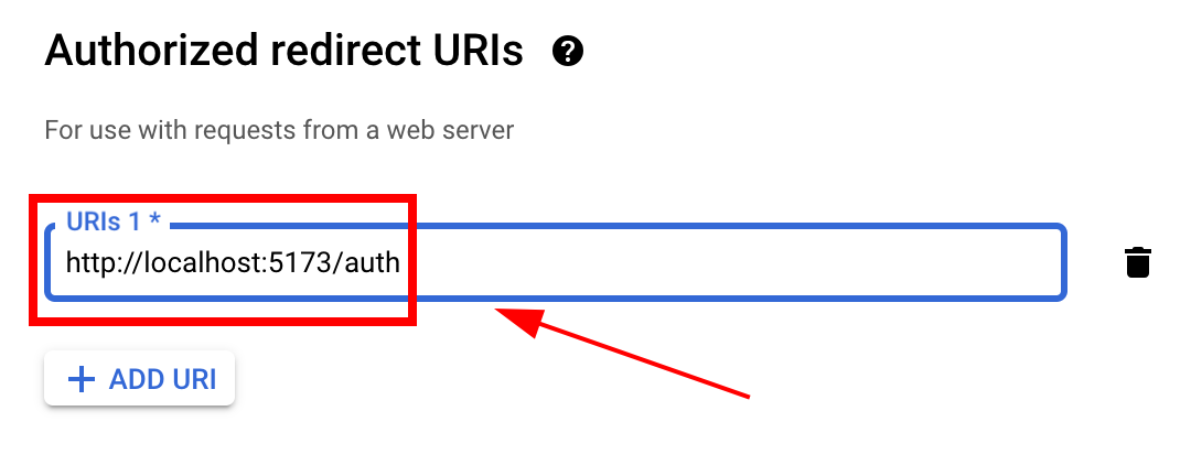 ADD URI dialog with redirect URL entered