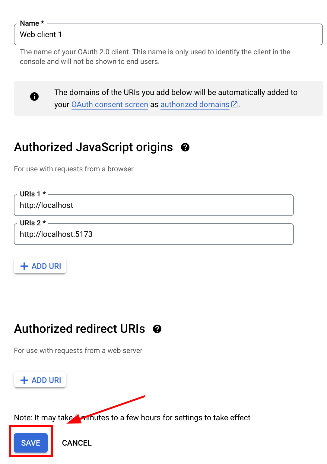 Save button at bottom of web client configuration