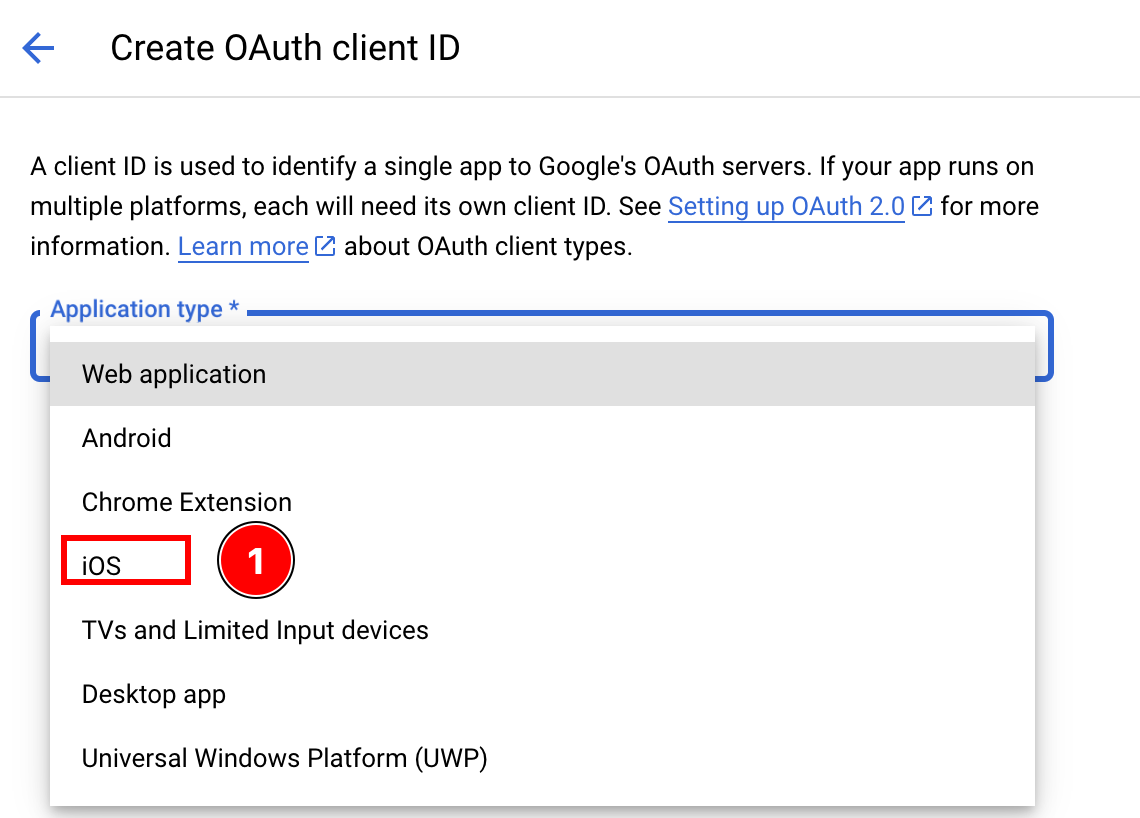 Application type selection with iOS option highlighted
