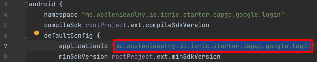 Build.gradle file showing applicationId configuration