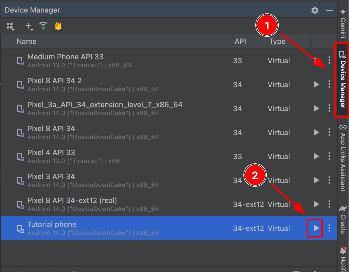 Device Manager with virtual device listed and play button