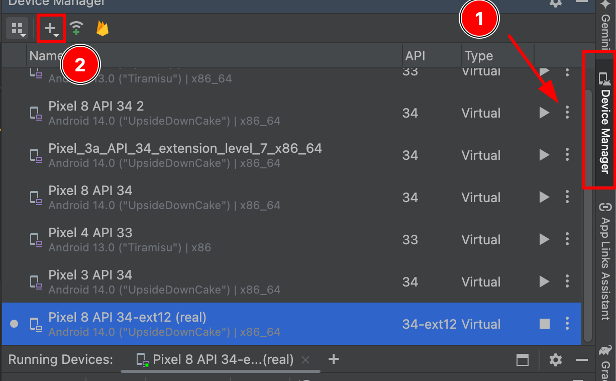 Device Manager in Android Studio with plus button highlighted