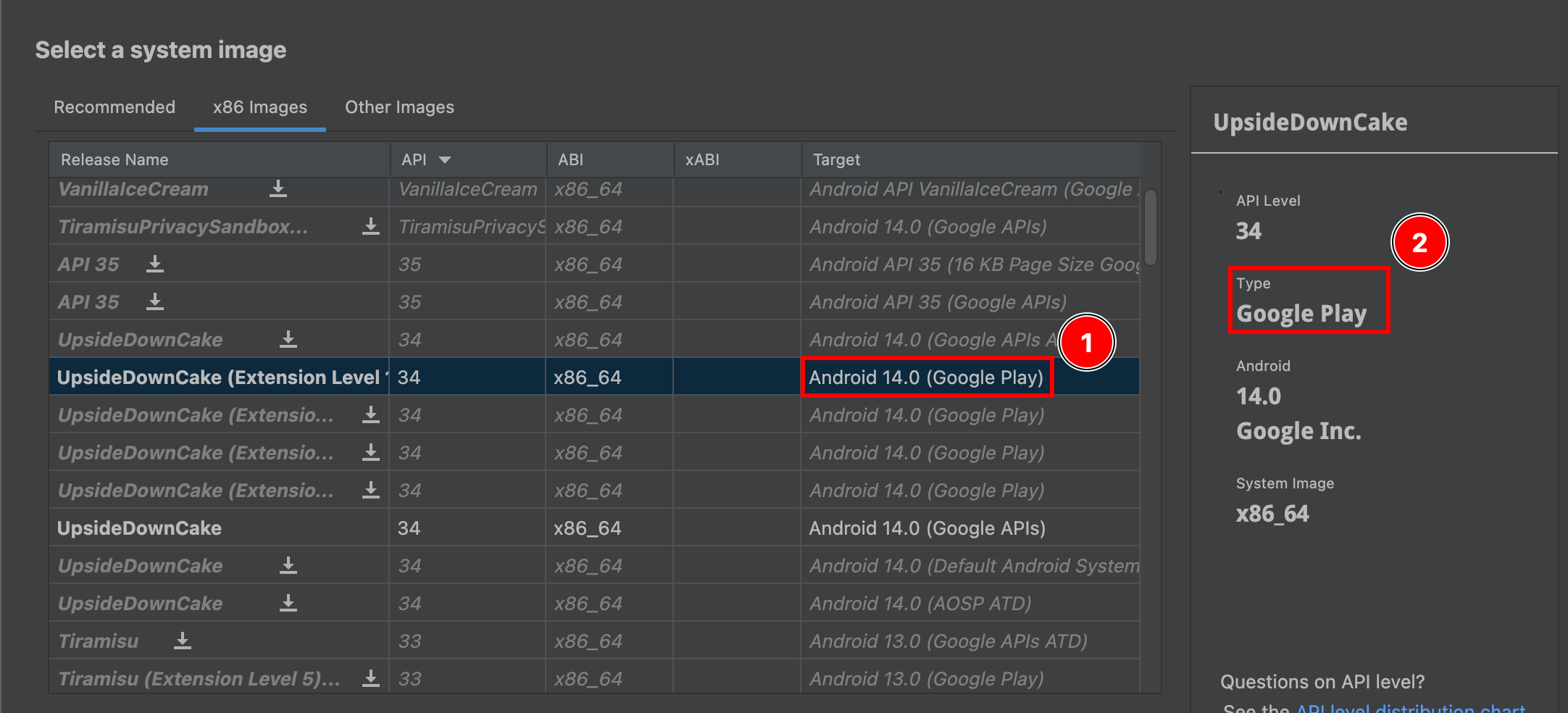 System image selection showing Google Play type images