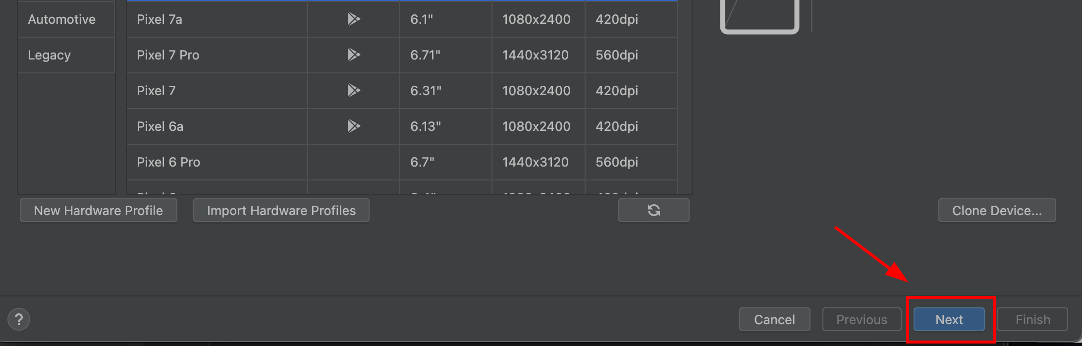 Next button in device creation wizard