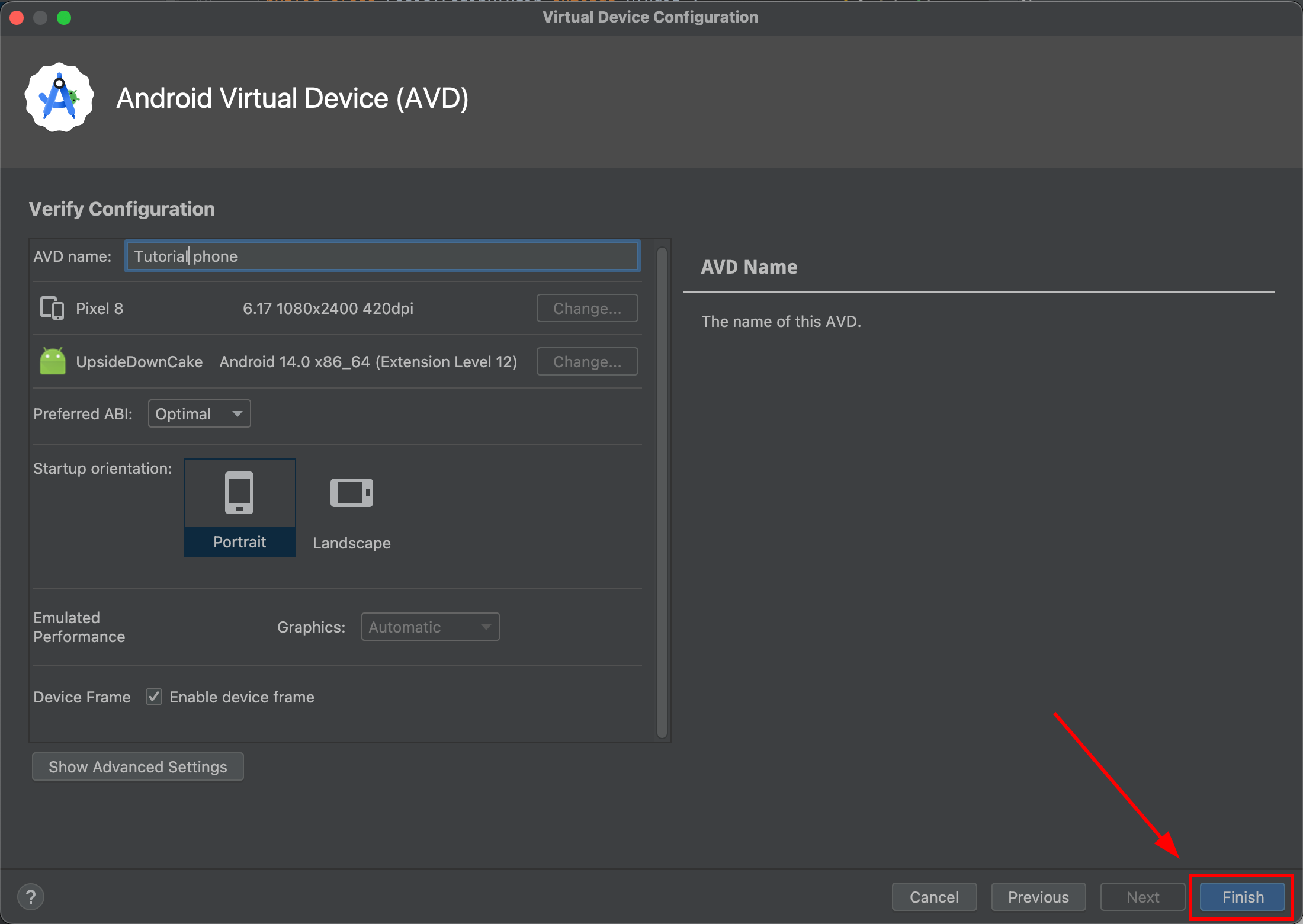 Device configuration verification screen with Finish button