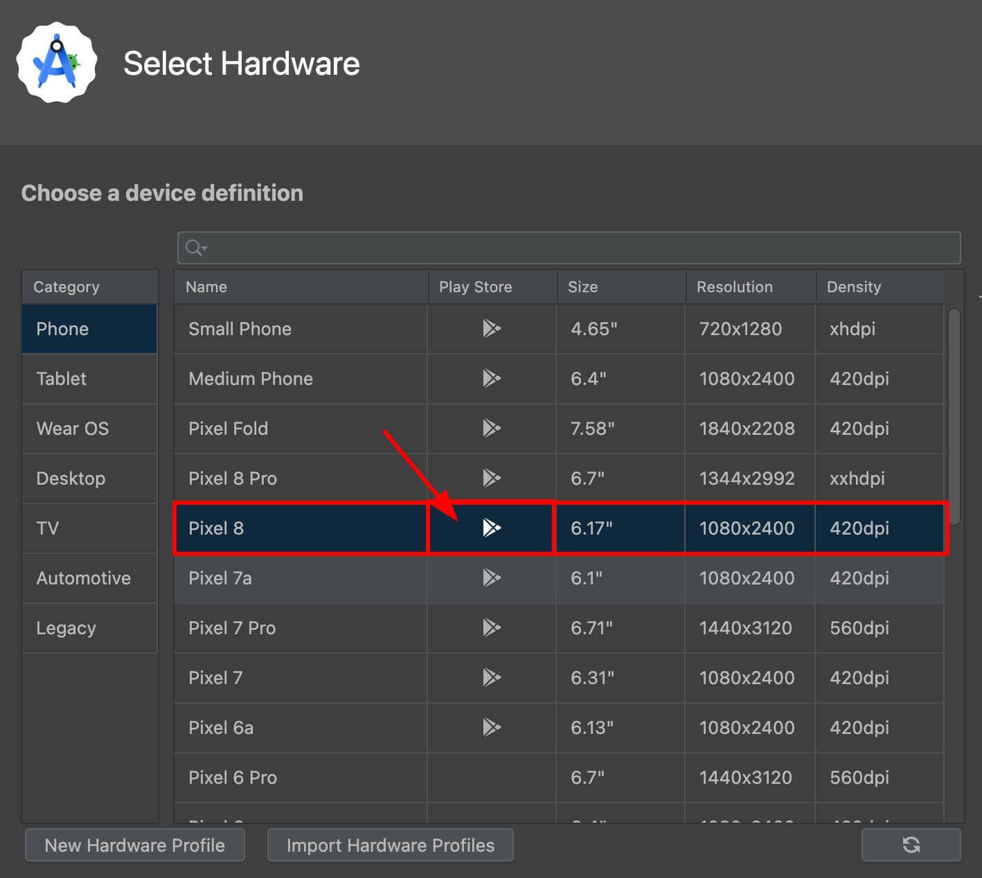 Hardware selection showing devices with Play Store support