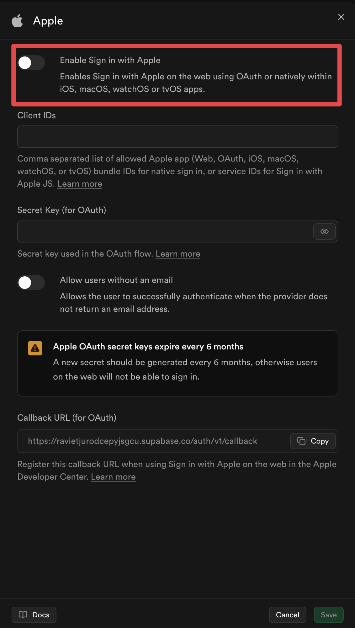 Supabase Apple Provider Enable