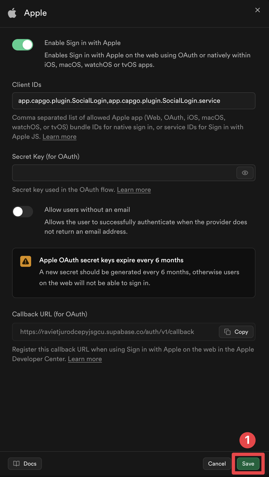 Supabase Apple Provider Save