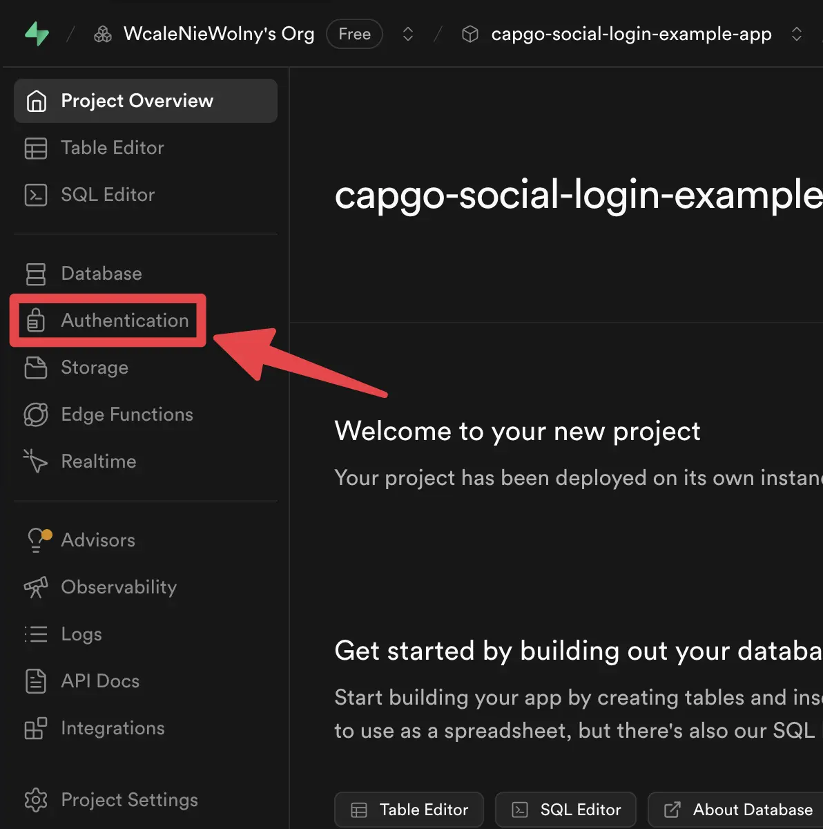 Supabase Authentication Menu