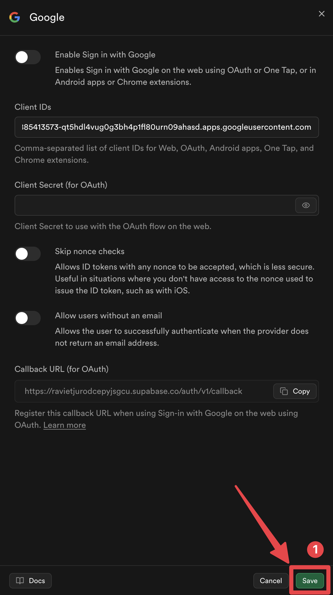 Supabase Google Provider Save
