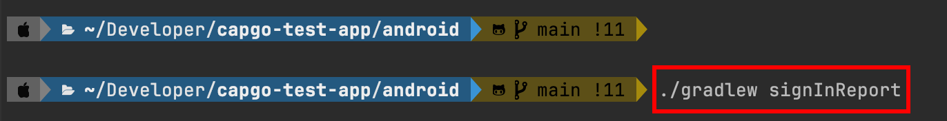 Terminal showing gradlew signInReport command