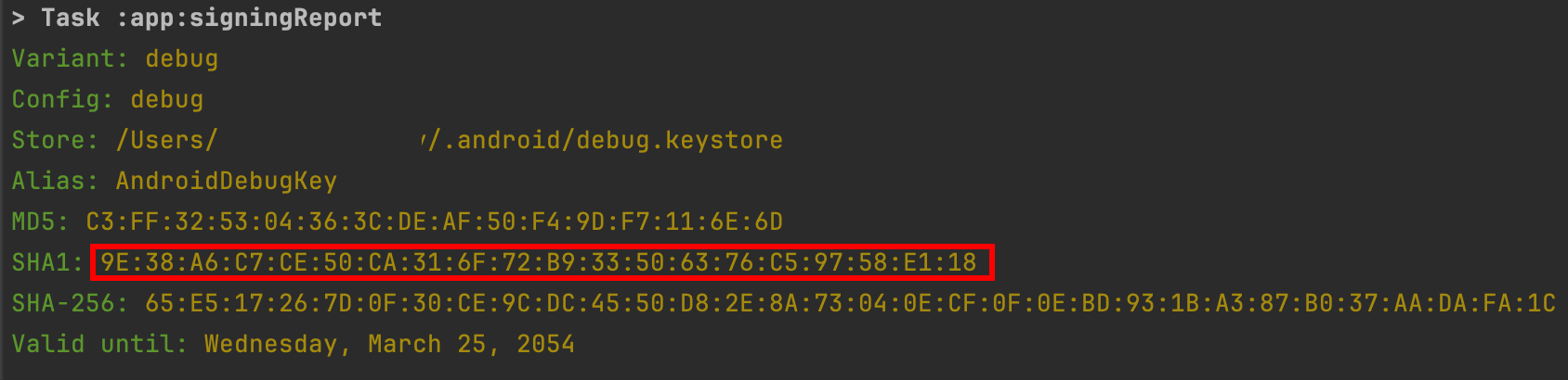 Terminal output showing SHA1 certificate fingerprint