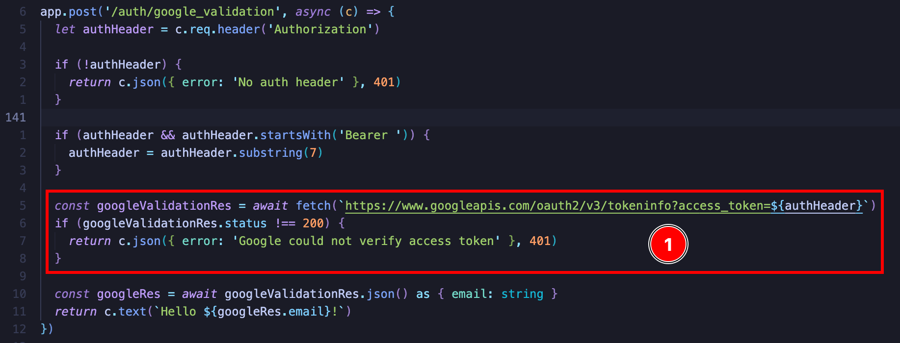VS Code showing Google authentication code that verifies tokens