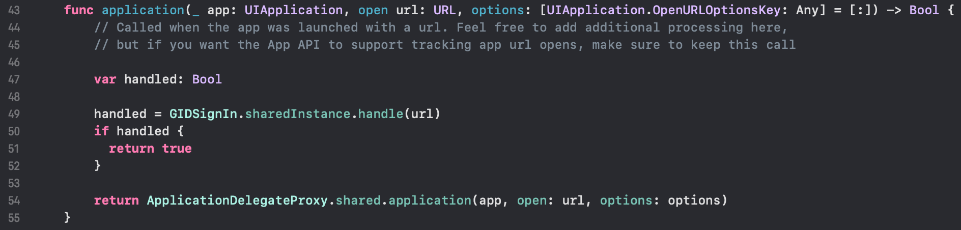 Modified application openURL function with GoogleSignIn handling