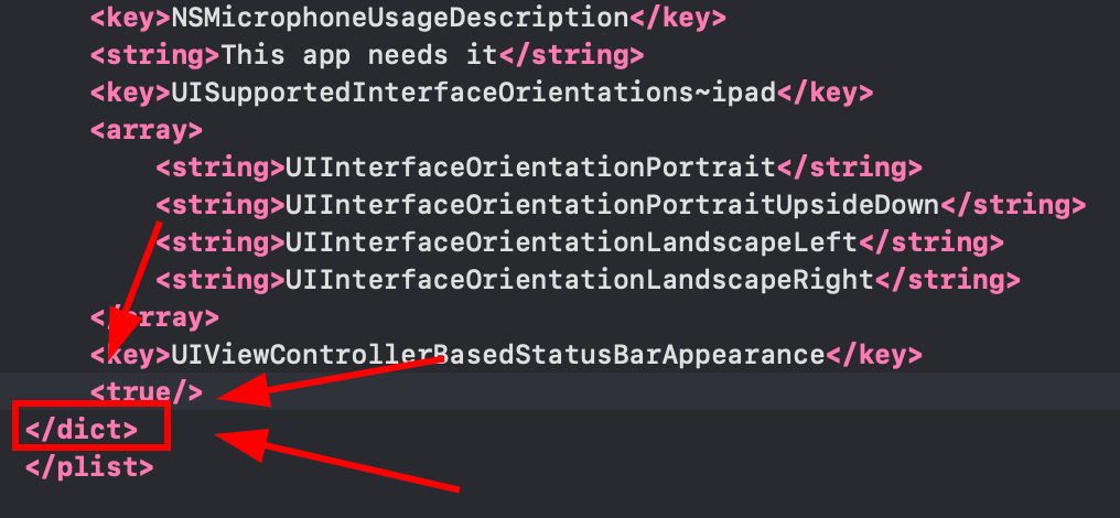 Closing dict tag in Info.plist file