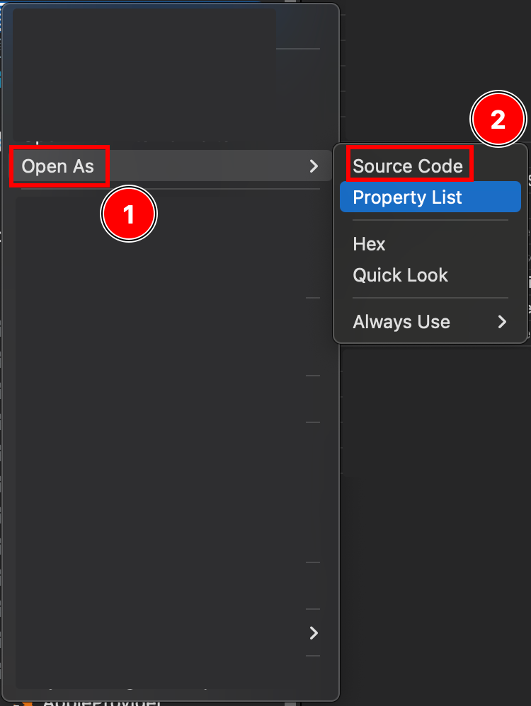 Right-click menu showing Open As Source Code option