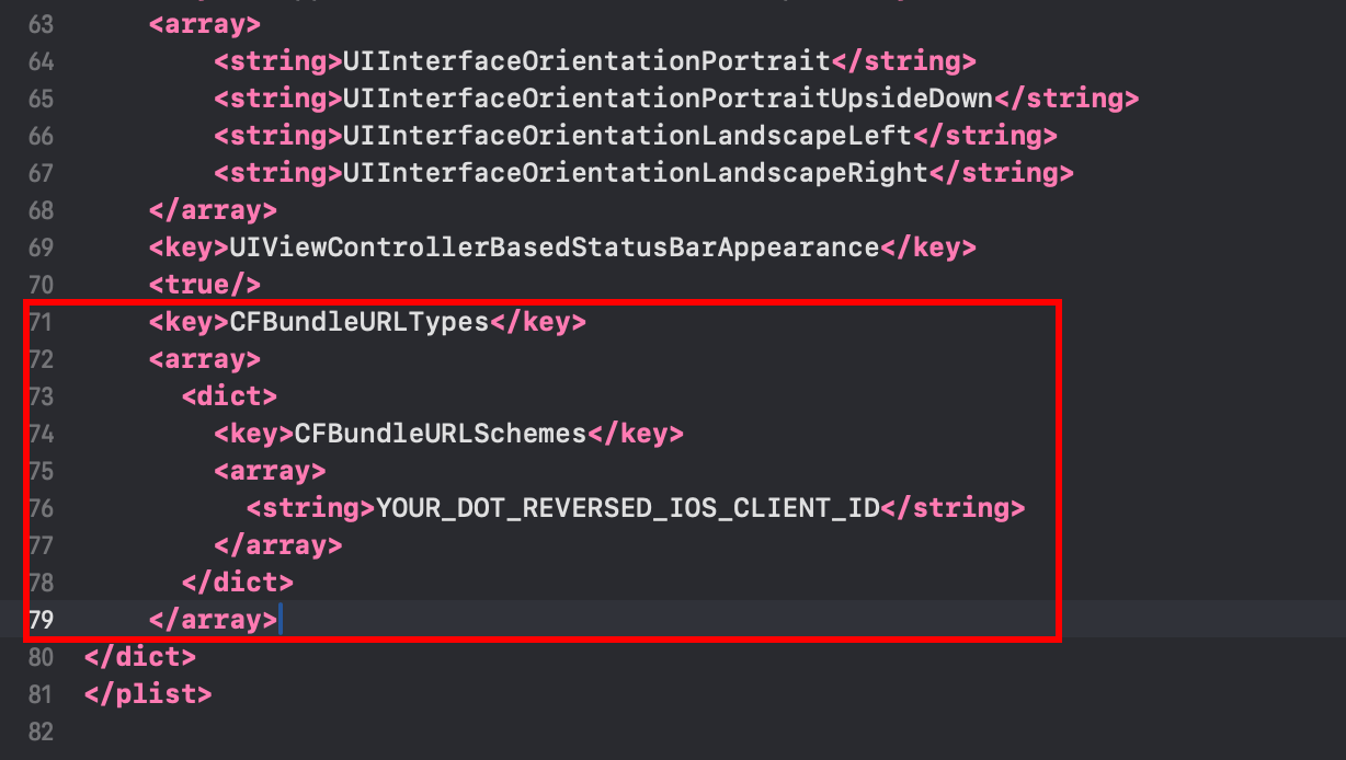 Info.plist with URL schemes code inserted before closing dict tag