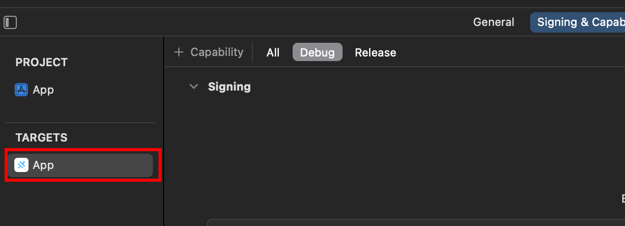 Targets section in Xcode with App selected