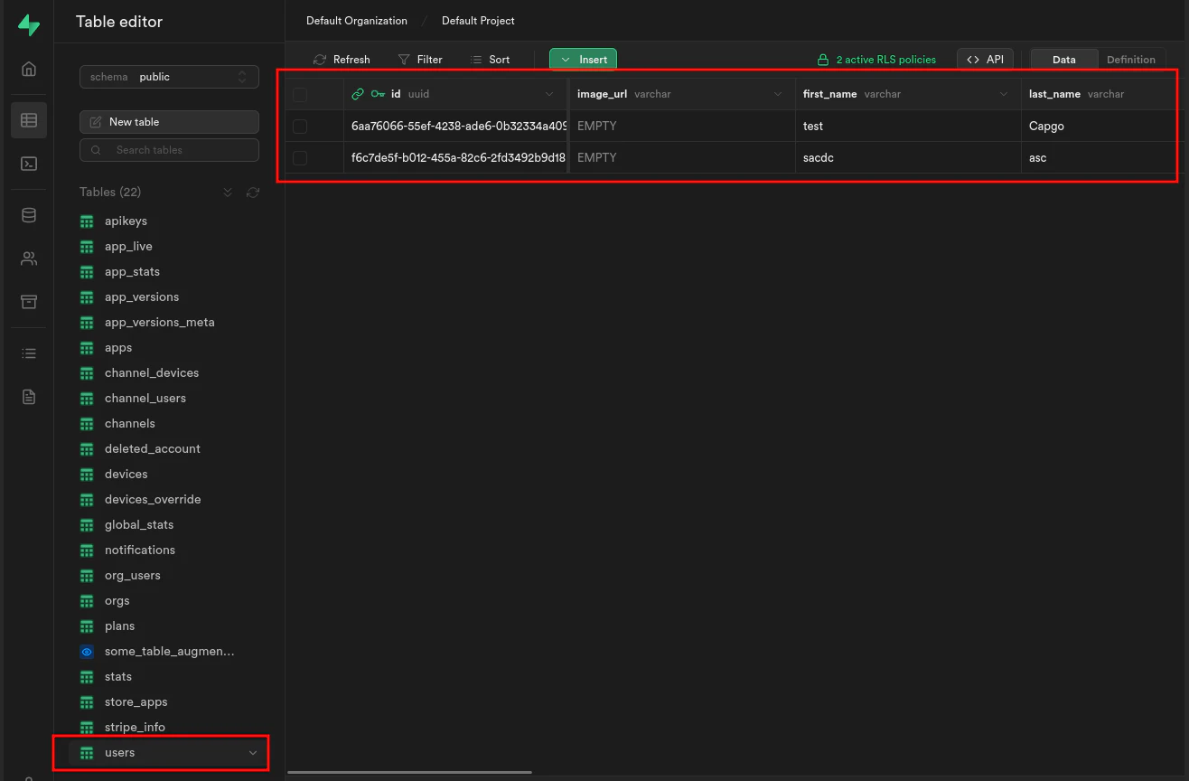 Supabase dashboard showing users table